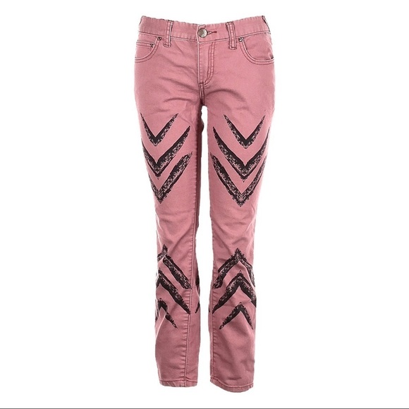 Free People Arrow Boho Print Dusty Rose Ankle Skinny Jeans Size 24 - Picture 2 of 10